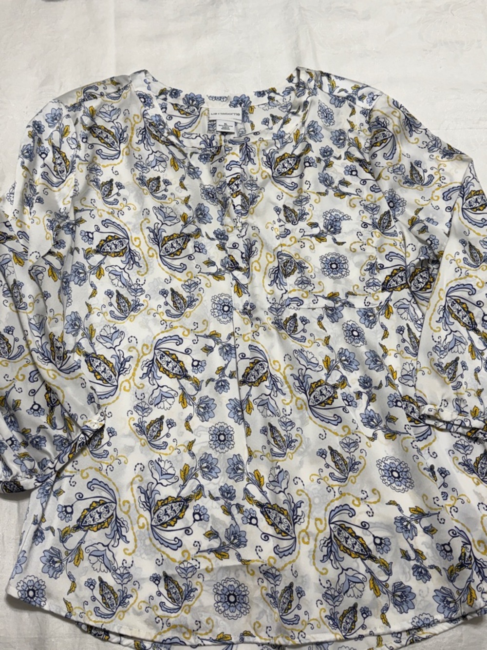 Liz Claiborne Silky White Blouse with Blue and Yellow Paisley Print